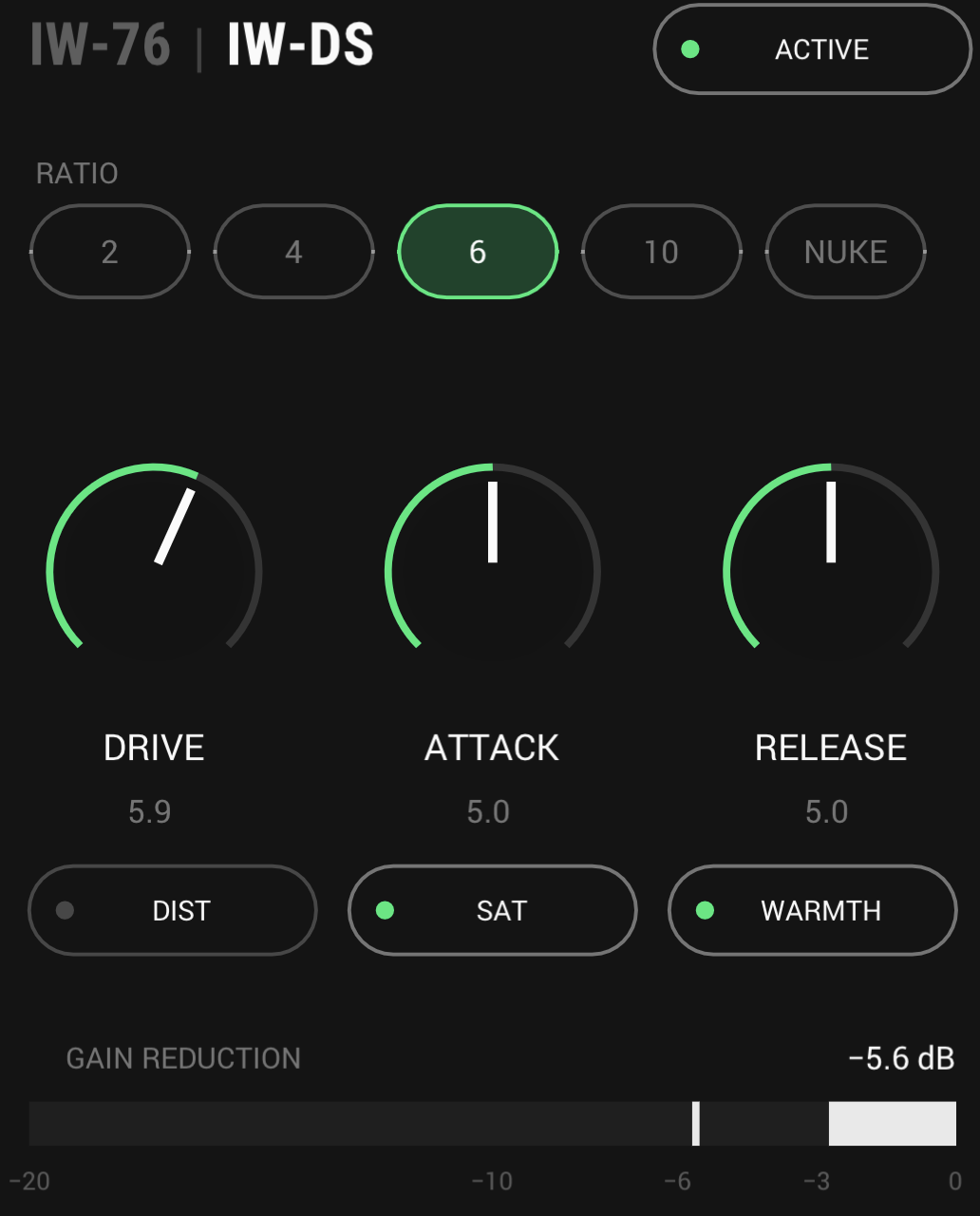 The first stage as IW-DS on a vocal: ratio 6, DRIVE at 5.9, SAT and WARMTH on, taking 5.6 dB