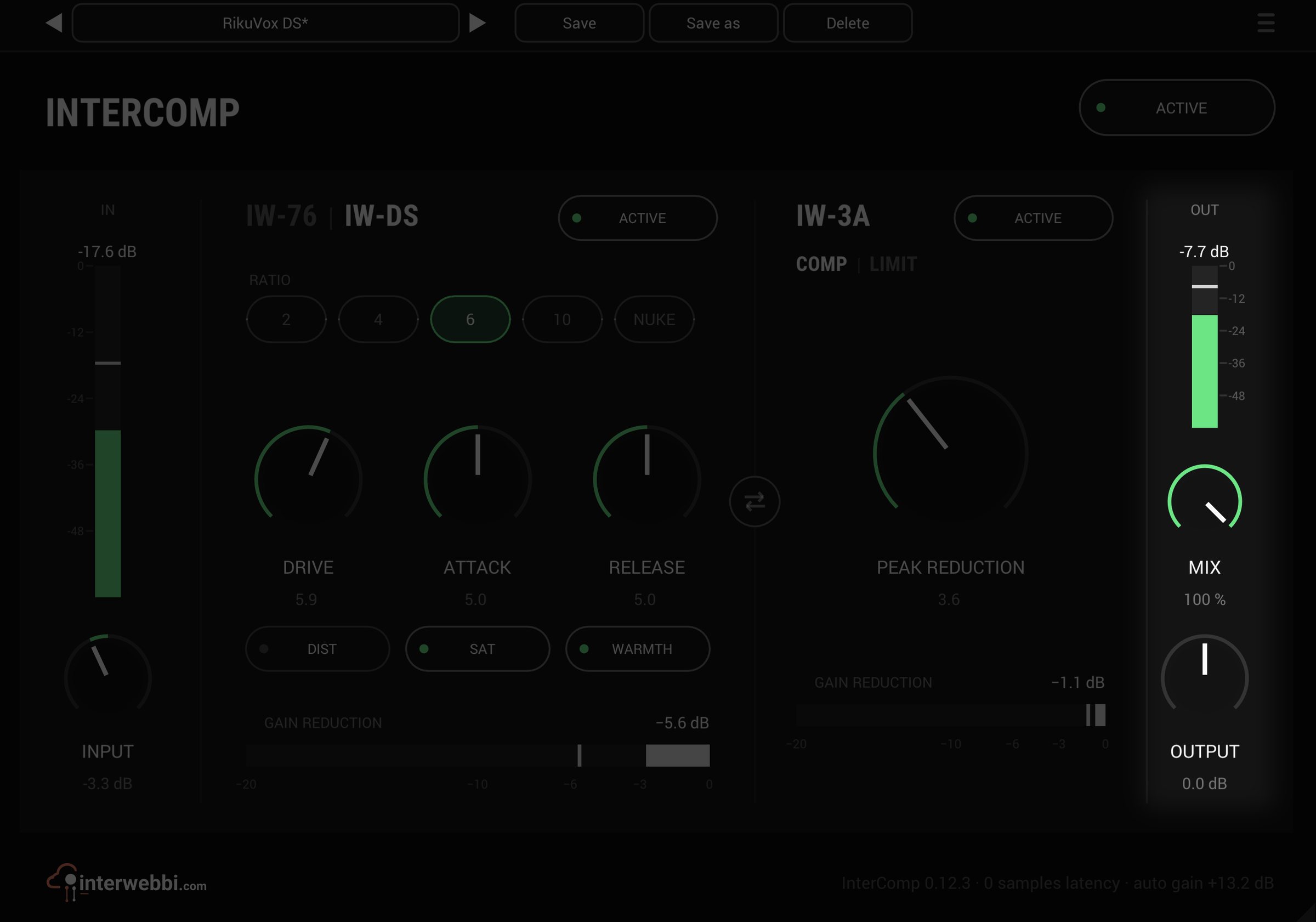 The InterComp panel with the OUT meter, MIX and OUTPUT lit and the rest dimmed: MIX at 100%, OUTPUT at 0 dB
