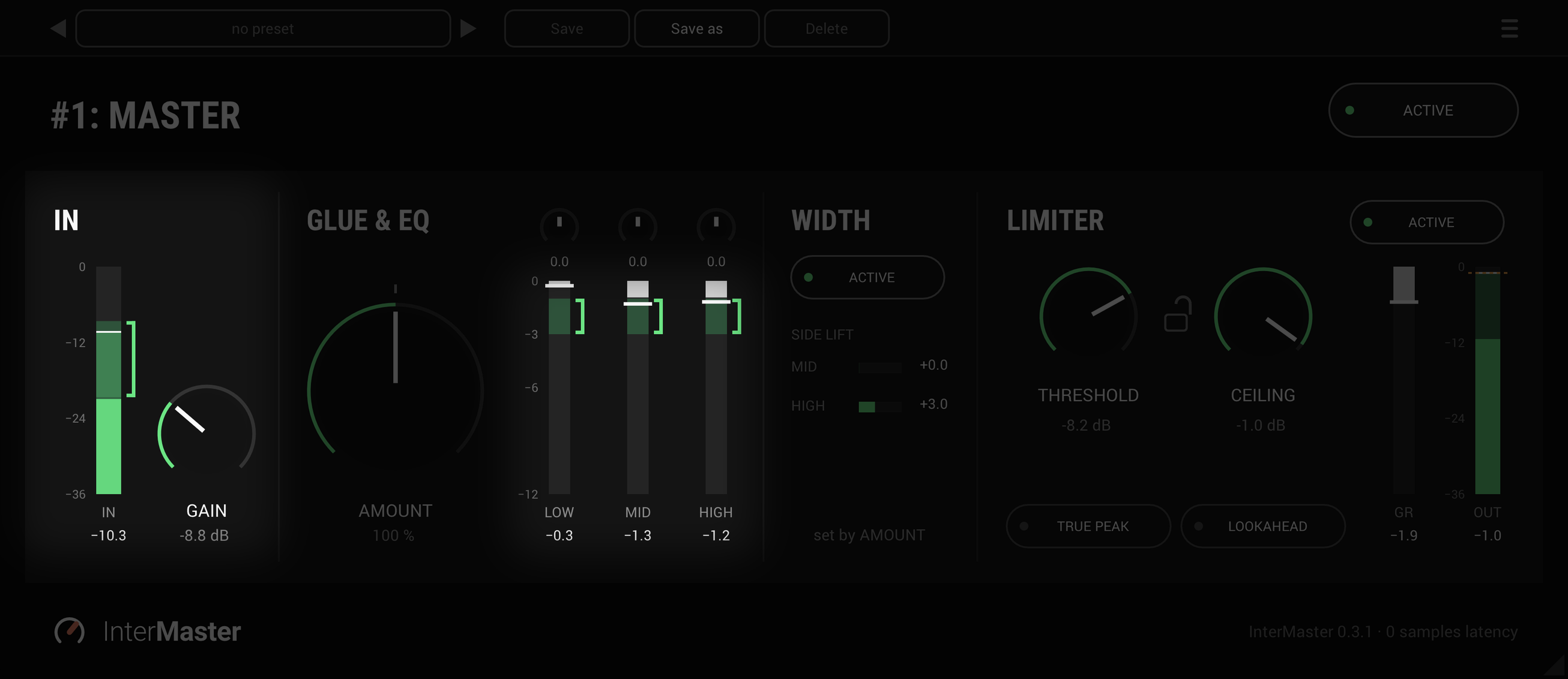 The InterMaster panel with the input meter, GAIN and GLUE's three meters lit and the rest dimmed: the input's RMS in its bracket, and each of LOW, MID and HIGH beside its own