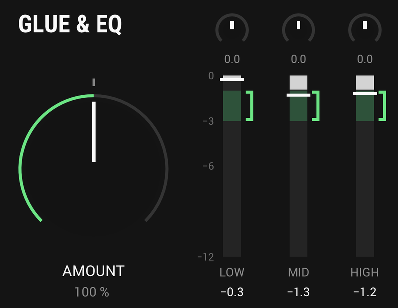 GLUE & EQ with AMOUNT at 100%, the EQ's LOW, MID and HIGH knobs at 0.0, and GLUE's LOW, MID and HIGH meters at -0.3, -1.3 and -1.2, each with its bracket