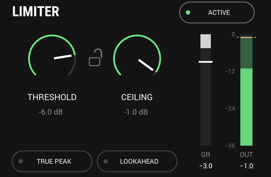 LIMITER with THRESHOLD at -6.0 dB and CEILING at -1.0 dB, unlocked, TRUE PEAK and LOOKAHEAD off, and 3.0 dB of gain reduction