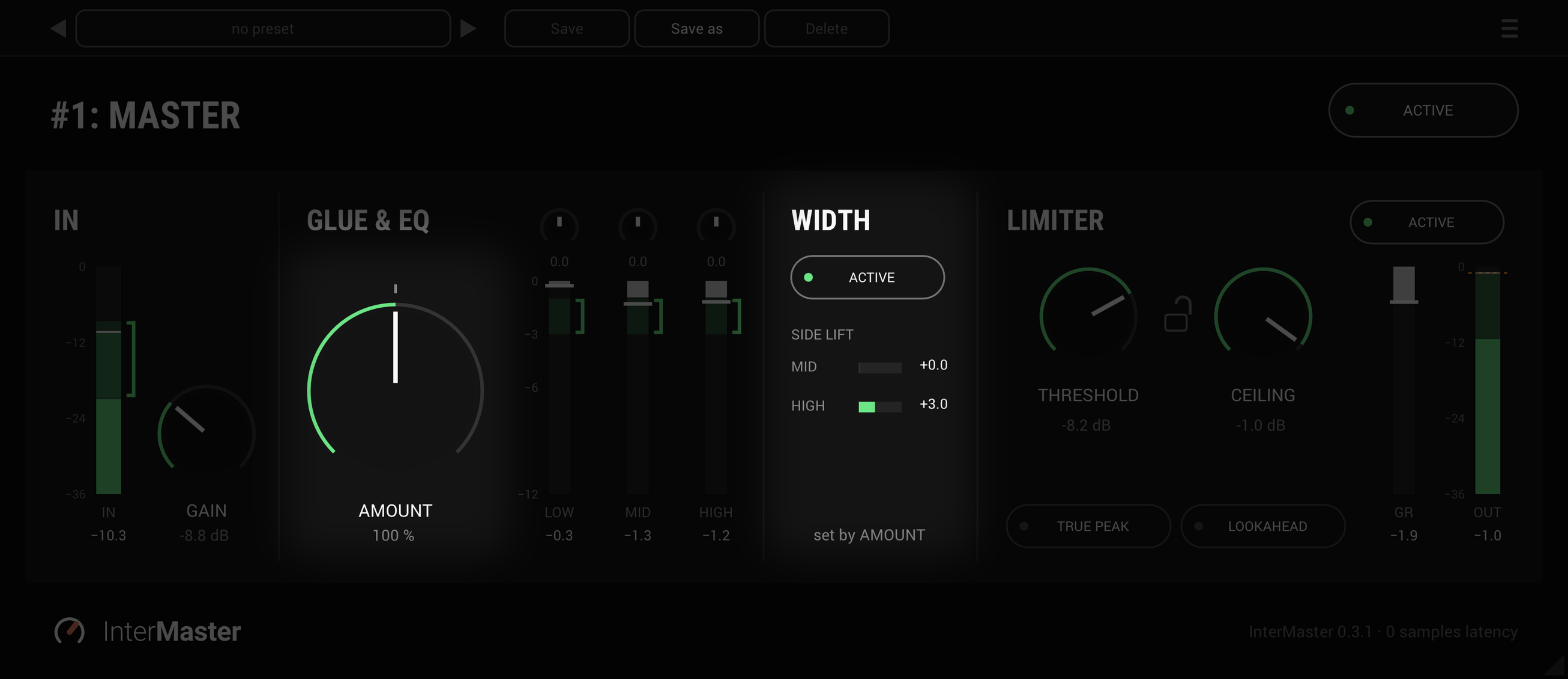 The InterMaster panel with AMOUNT and WIDTH lit and the rest dimmed: WIDTH active, set by AMOUNT, its side lift at +0.0 in the mids and +3.0 in the highs