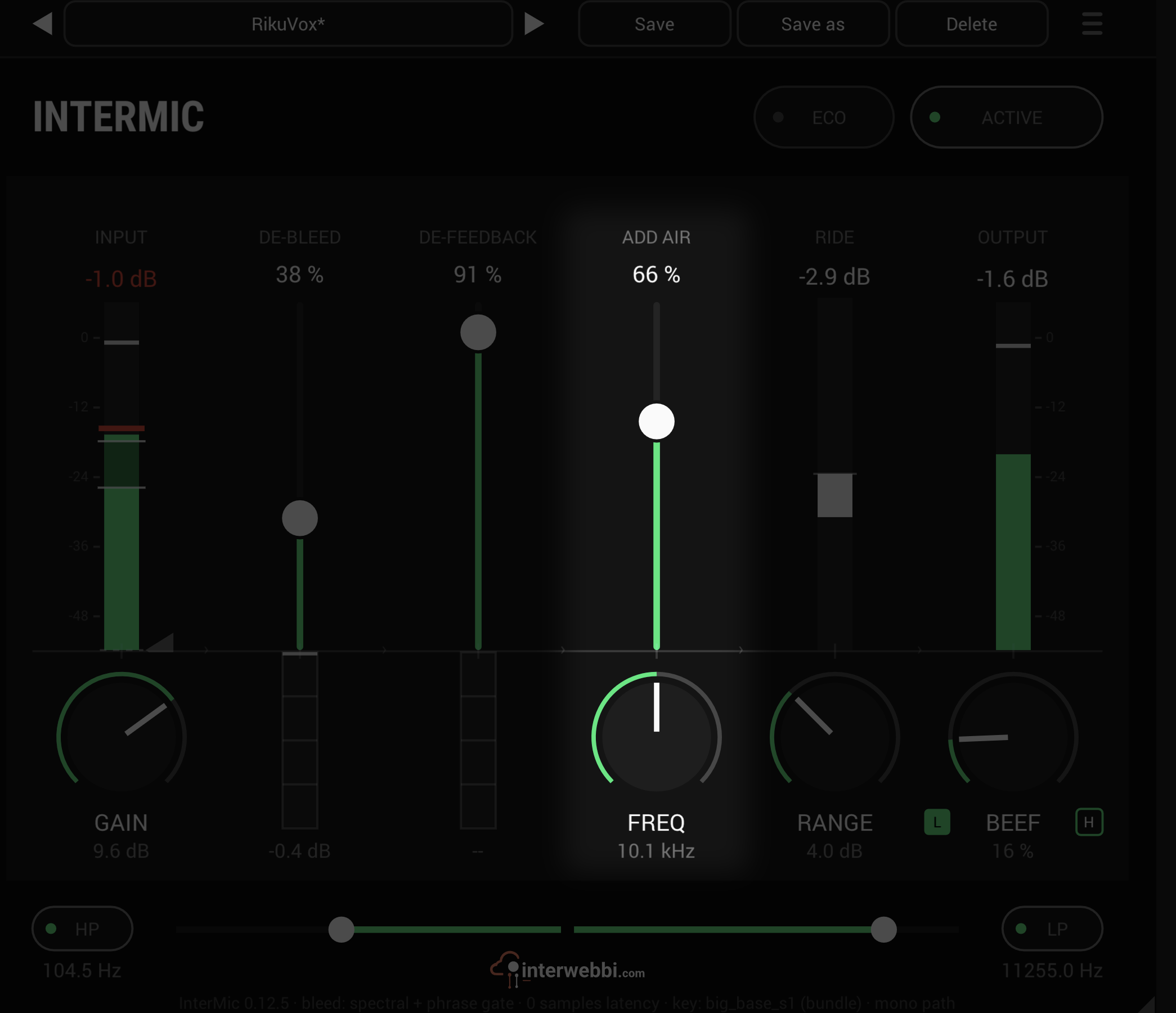 The InterMic panel with ADD AIR and its FREQ knob lit and the rest dimmed: ADD AIR at 66%, FREQ at 10.1 kHz