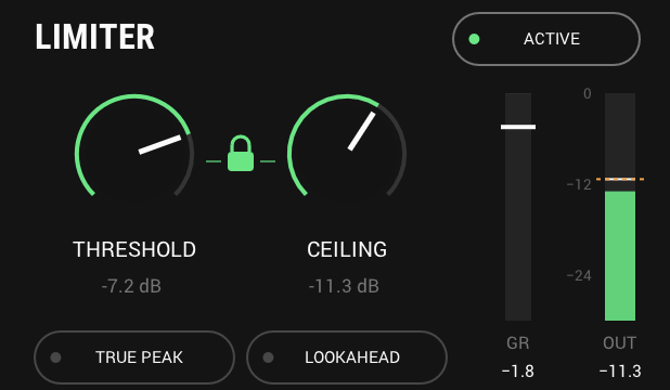 LIMITER with THRESHOLD and CEILING locked, taking 1.8 dB off the peaks