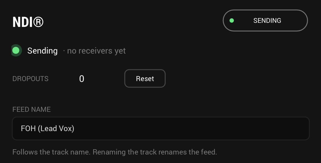 The NDI side sending with no receivers yet, under the feed name FOH (Lead Vox), which follows the track name