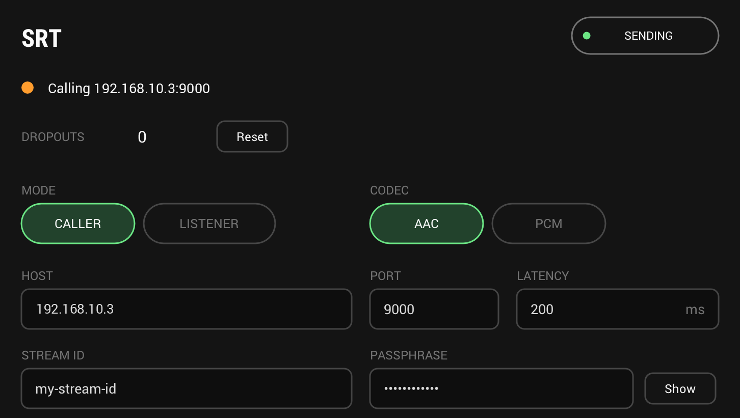 The SRT side as a caller with AAC, calling 192.168.10.3 on port 9000 with 200 ms latency, a stream ID and a hidden passphrase