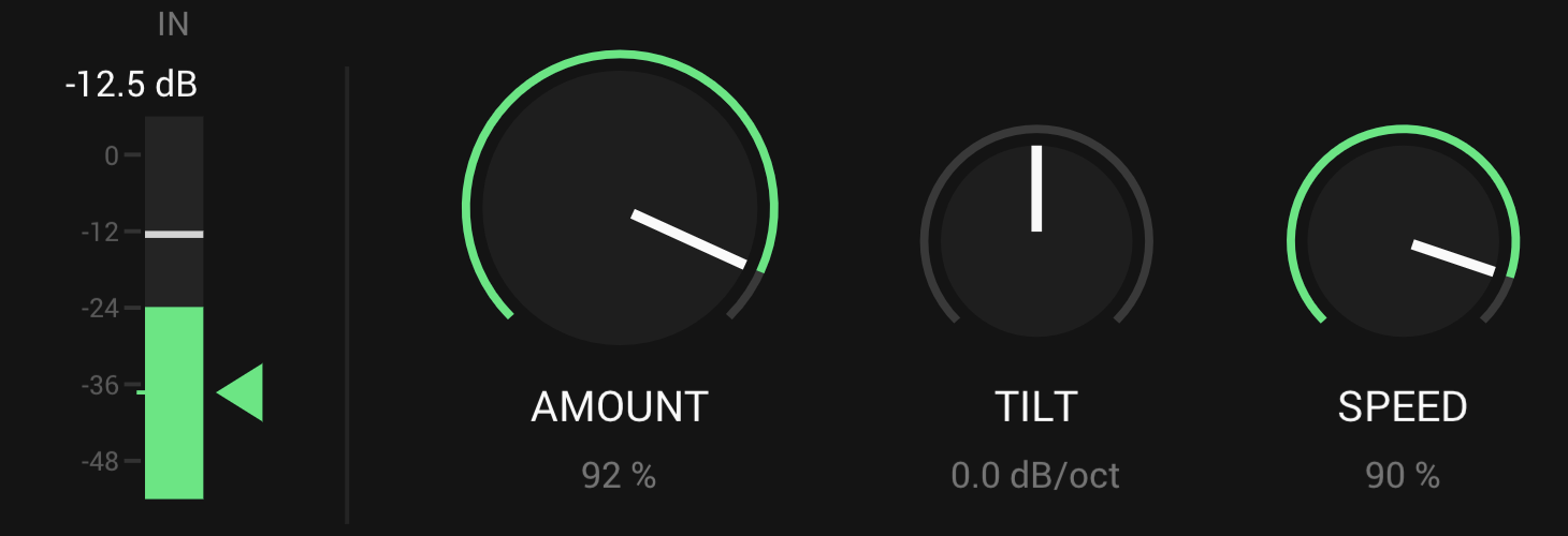 The input meter with its threshold wedge at -36 dB, and AMOUNT at 92%, TILT at 0 and SPEED at 90% on a vocal